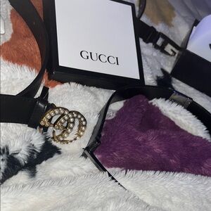 Gucci Black Belt with Gold Pearl-Embellished Logo